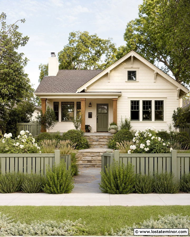 Off White House With Sage Green Fence - 30 Off White House Design With Fence Ideas