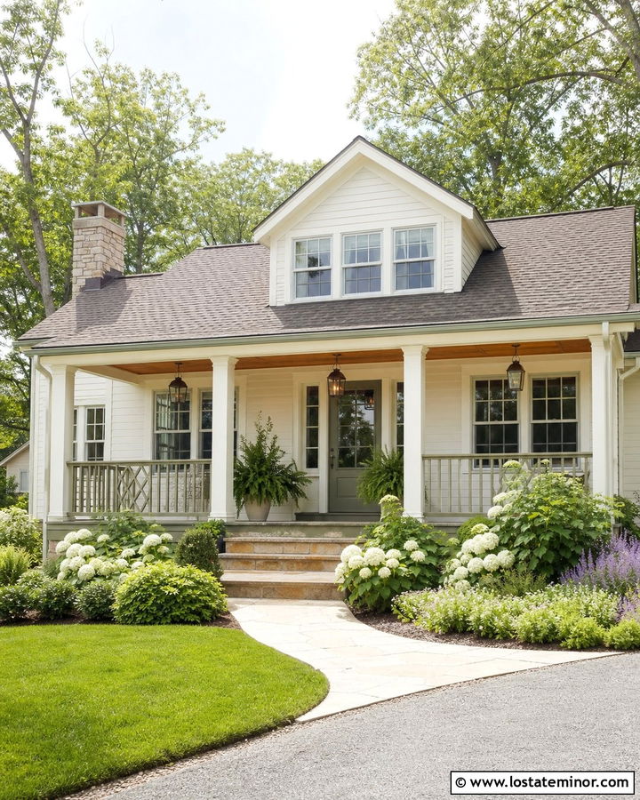 Off White House With Sage Green Front Porch - 30 Off White House Design With Front Porch Ideas