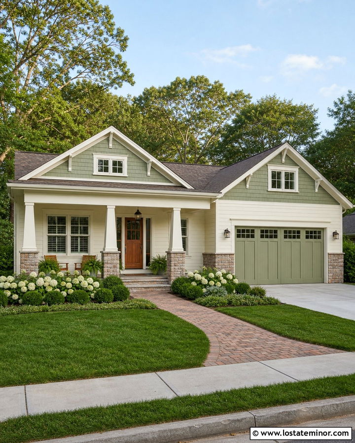 Off White House With Sage Green Garage Door - 30 Off White House Design With Garage Door Ideas