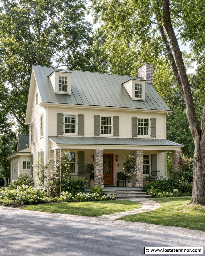 Off White House With Sage Green Metal Roof - 30 Off White House Design With Roof Ideas