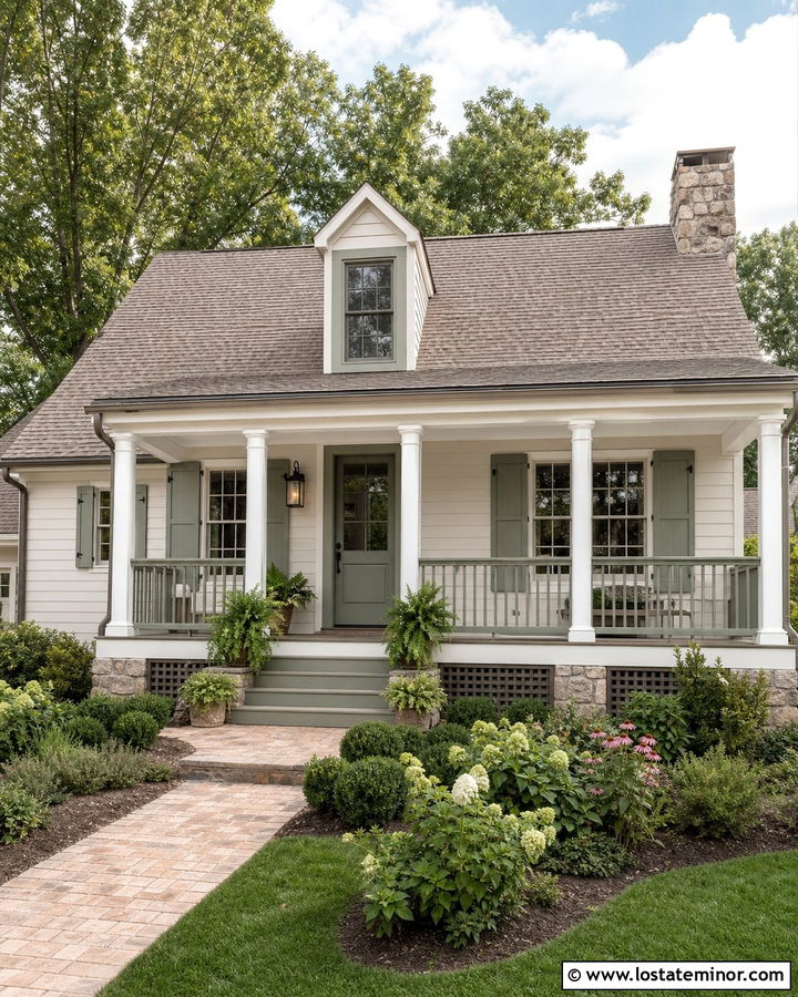 Off White House With Sage Green Railings - 30 Off White House Design With Railings Ideas