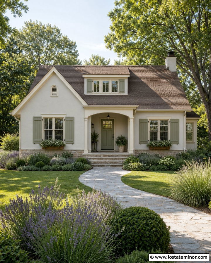 Off White House With Sage Green Shutters - 30 Off White House Design With Shutters Ideas