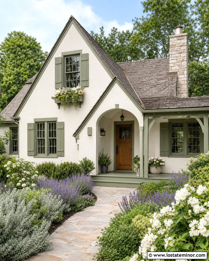Off White House With Sage Green Window Frames - 30 Off White House Design With Window Frames Ideas