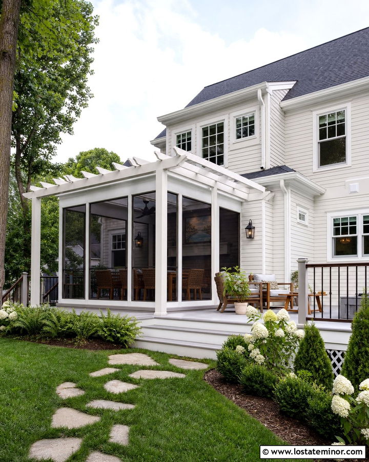 Off White House With Screened Pergola Porch - 30 Off White House Design With Pergola Ideas