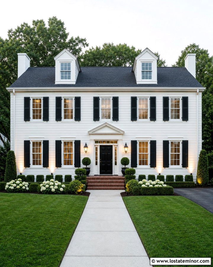 Off White House With Shutter Accent Lighting - 30 Off White House Design With Lighting Ideas
