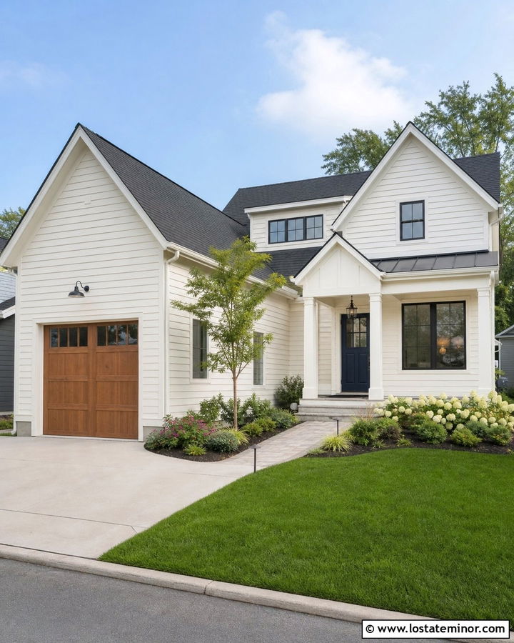 Off White House With Side Entry Garage - 30 Off White House Design With Front Yard Ideas