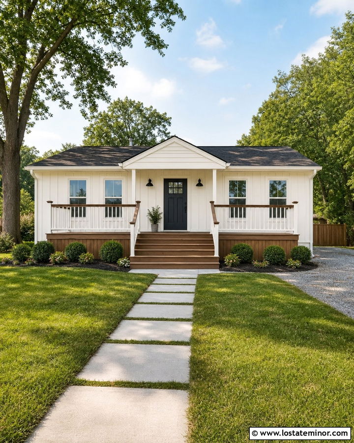 Off White House With Simple Pressure Treated Deck - 30 Off White House Design With Deck Ideas