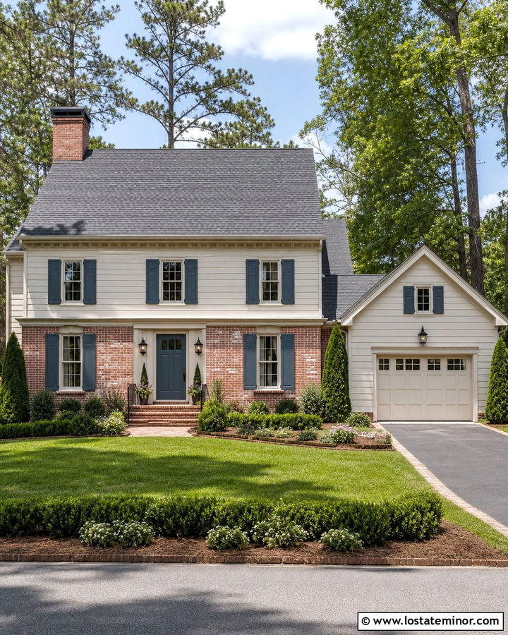 Off White House With Slate Blue Shutters And Brick - 30 Off White House Design With Shutters Ideas