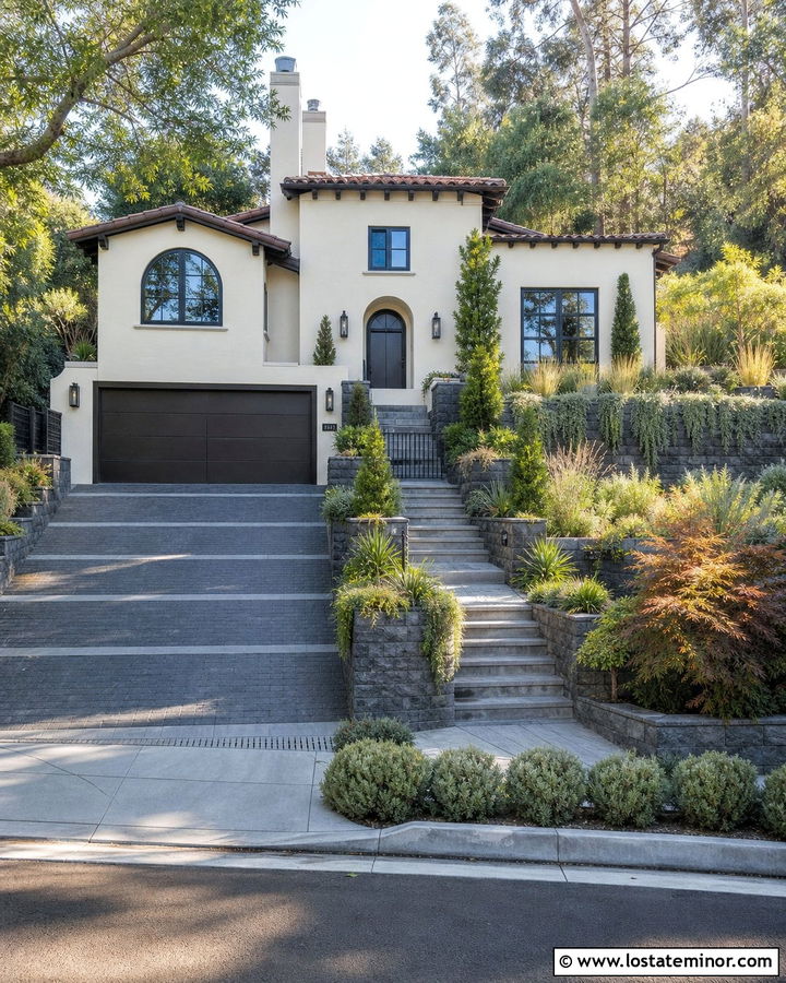 Off White House With Sloped Paver Driveway - 30 Off White House Design With Driveway Ideas