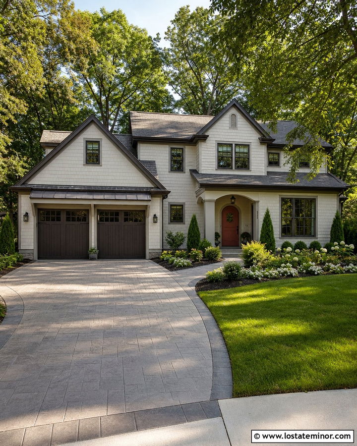 Off White House With Stamped Concrete Driveway - 30 Off White House Design With Driveway Ideas