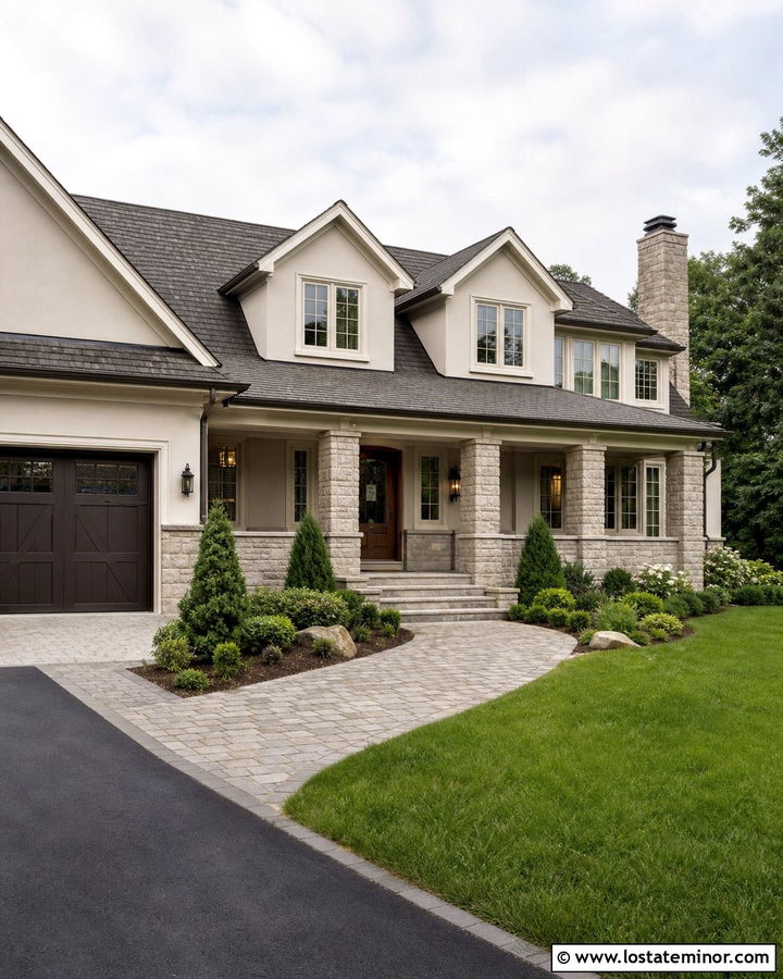 Off White House With Stone And Twin Dormers - 30 Off White House Design With Dormers Ideas