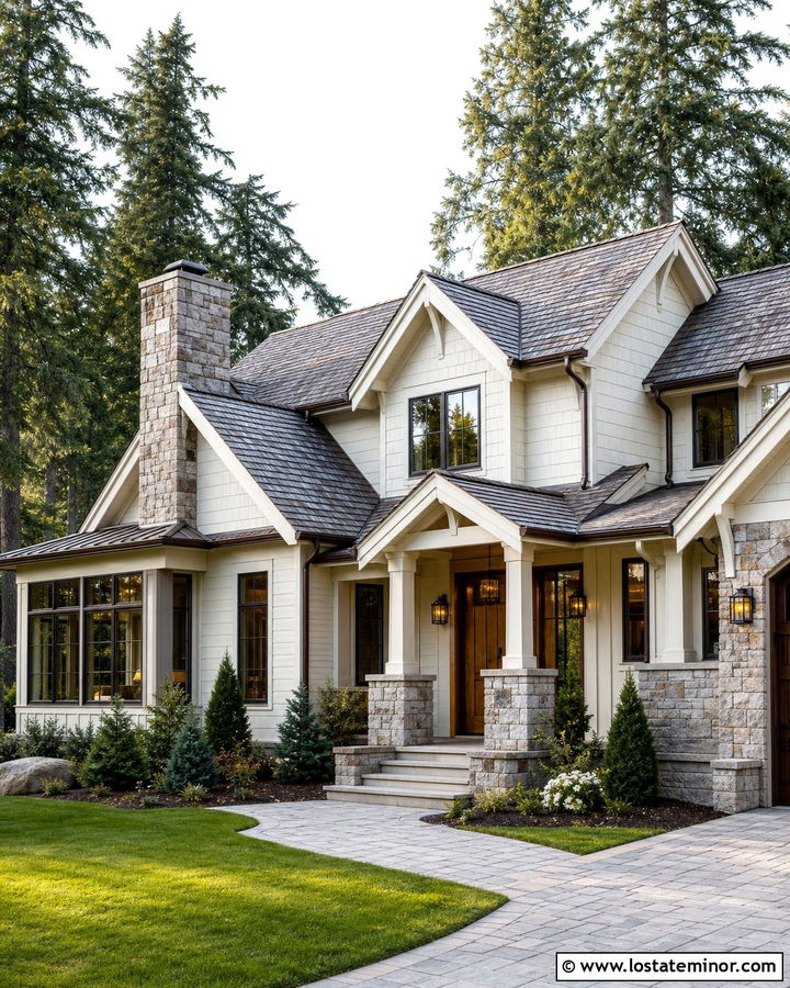Off White House With Stone And Weathered Shingles - 30 Off White House Design With Shingles Ideas