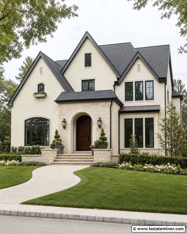 Off White House With Stone Archway - 30 Off White House Design With Stone Accents Ideas
