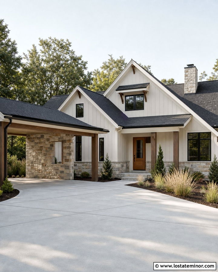 Off White House With Stone Carport Wall - 30 Off White House Design With Carport Ideas