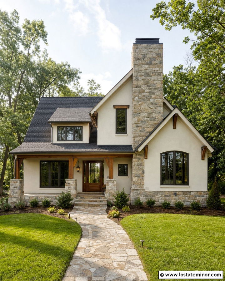 Off White House With Stone Chimney - 30 Off White House Design With Stone Accents Ideas