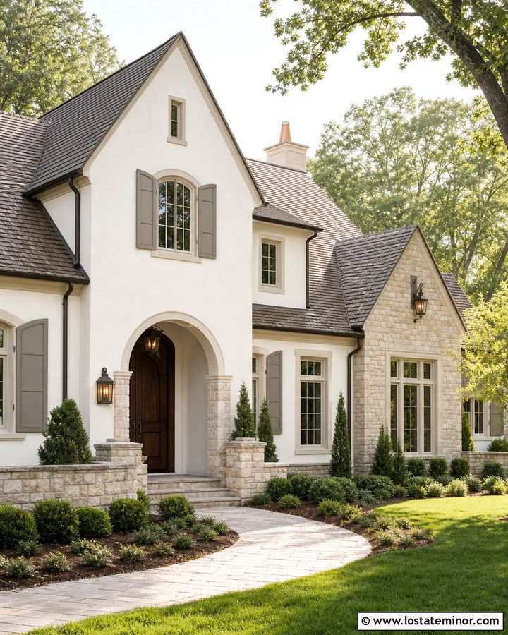 Off White House With Stone Colored Shutters - 30 Off White House Design With Shutters Ideas