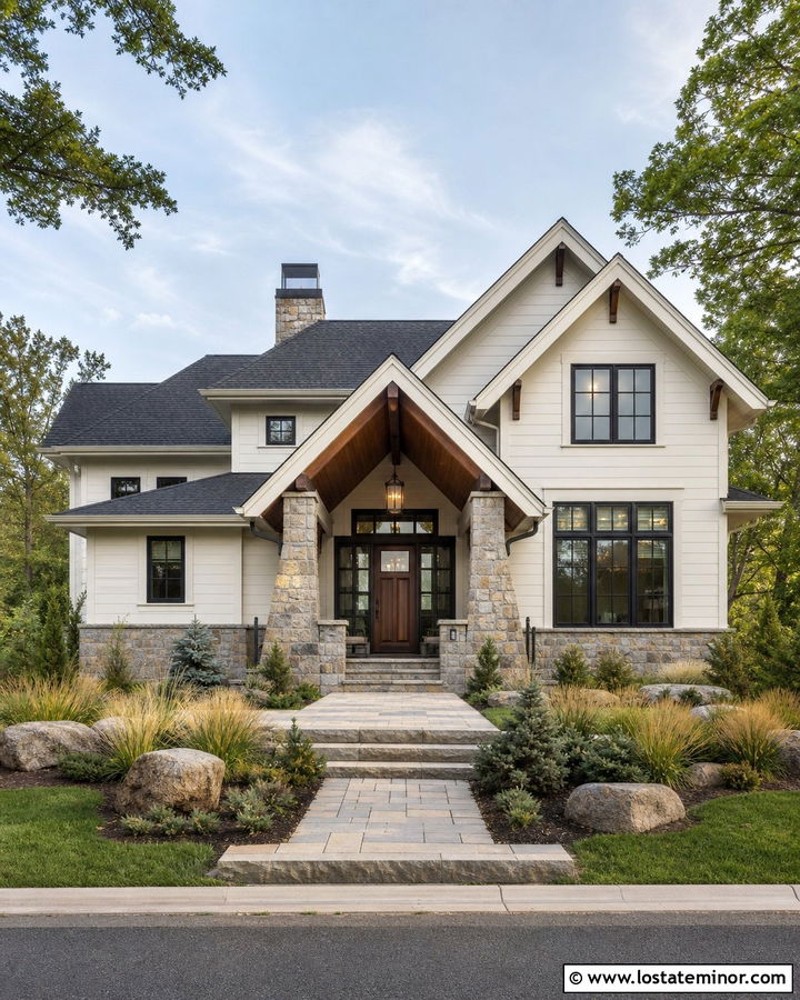Off White House With Stone Column Portico - 30 Off White House Design With Portico Ideas