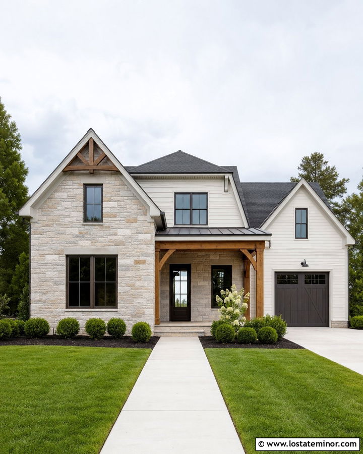 Off White House With Stone Gable - 30 Off White House Design With Stone Accents Ideas