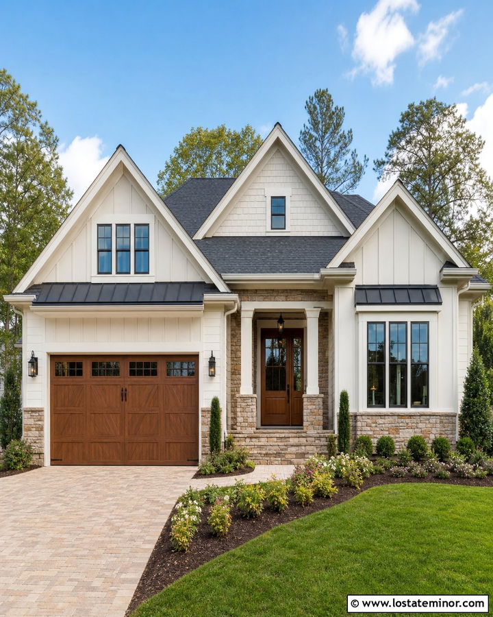 Off White House With Stone Garage Surround - 30 Off White House Design With Garage Door Ideas