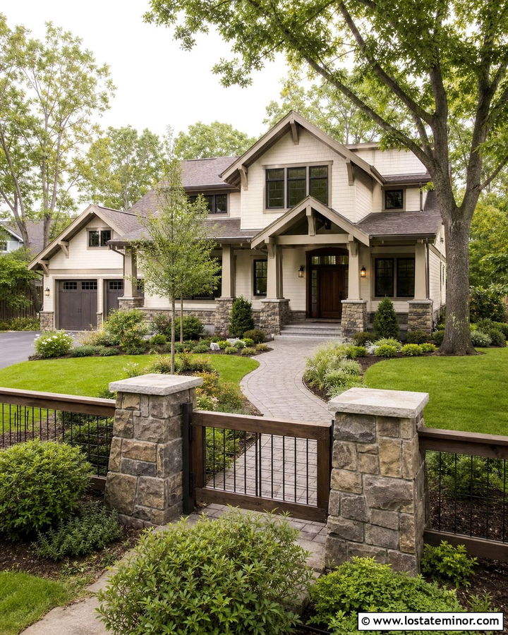 Off White House With Stone Pillar Fence - 30 Off White House Design With Fence Ideas