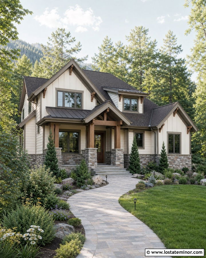 Off White House With Stone Porch And Evergreen Beds - 30 Off White House Design With Front Yard Ideas