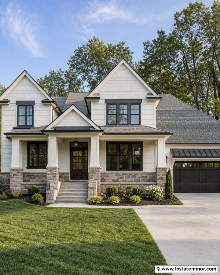 Off White House With Stone Porch Columns - 30 Off White House Design With Porch Columns Ideas