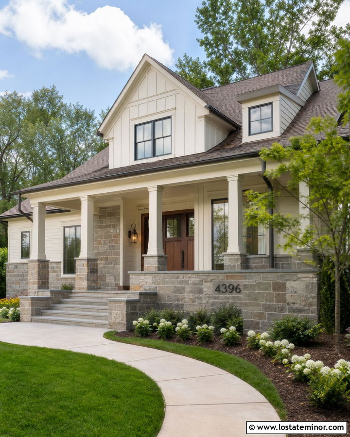 Off White House With Stone Porch Numbers - 30 Off White House Design With House Numbers Ideas