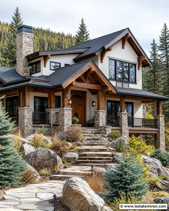 Off White House With Stone Porch Railings - 30 Off White House Design With Railings Ideas