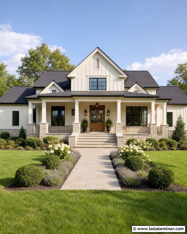 Off White House With Stone Porch - 30 Off White House Design With Stone Accents Ideas