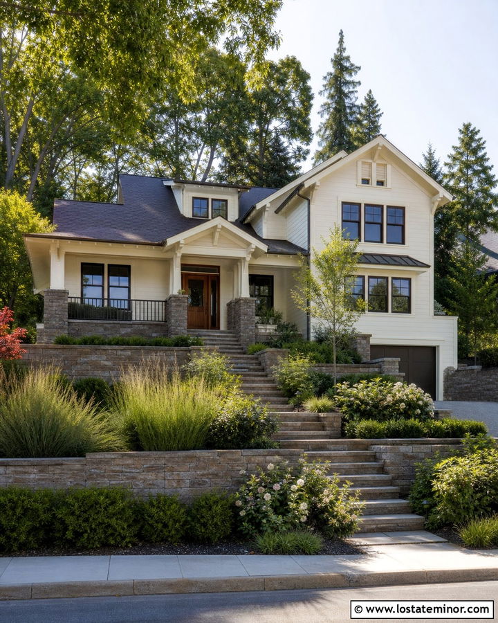 Off White House With Stone Retaining Wall - 30 Off White House Design With Stone Accents Ideas