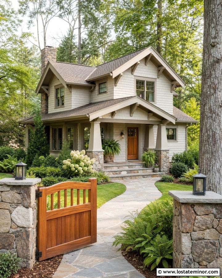 Off White House With Stone Wall Fence - 30 Off White House Design With Fence Ideas