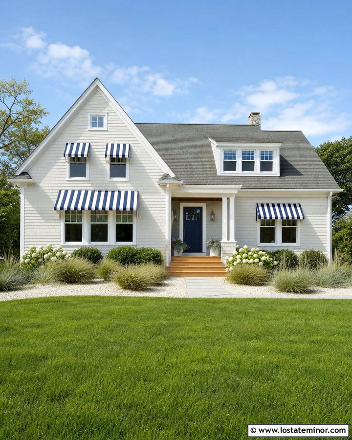 Off White House With Striped Window Awnings - 30 Off White House Design With Awning Ideas