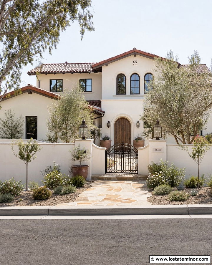 Off White House With Stucco Courtyard Wall - 30 Off White House Design With Fence Ideas