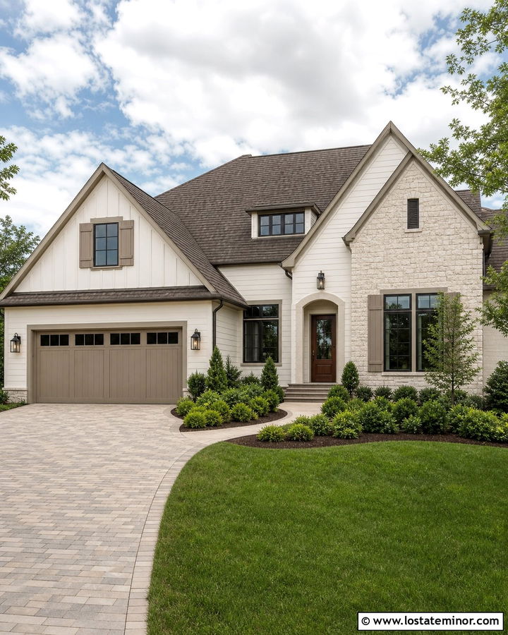 Off White House With Taupe Garage Door - 30 Off White House Design With Garage Door Ideas