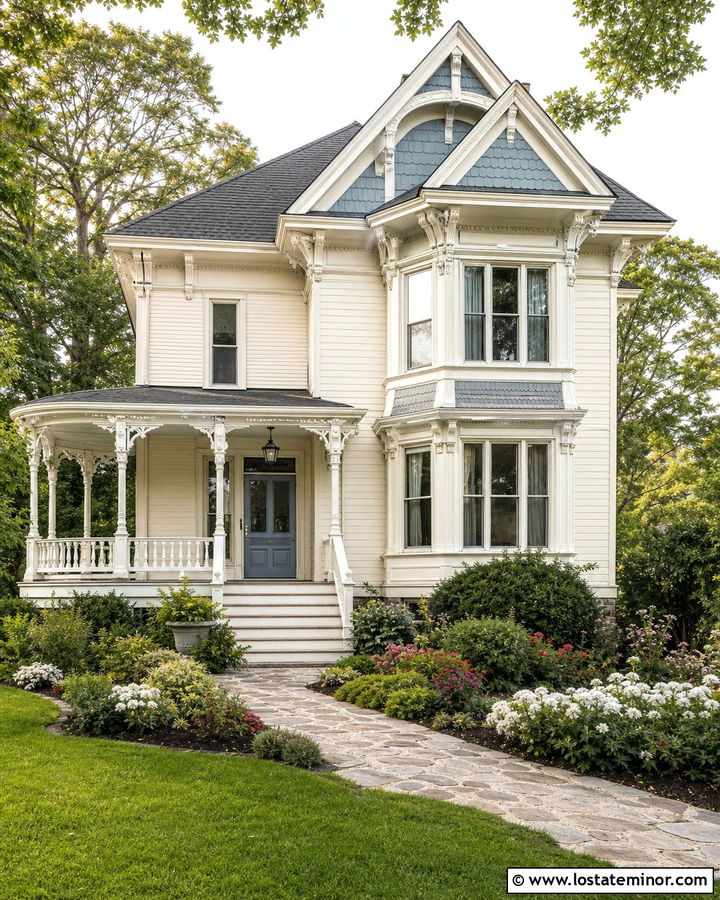 Off White House With Turned Porch Balusters - 30 Off White House Design With Railings Ideas