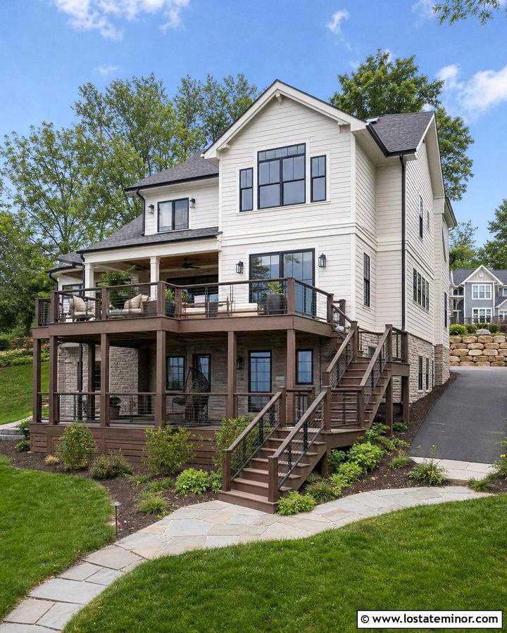 Off White House With Two Level Deck - 30 Off White House Design With Deck Ideas