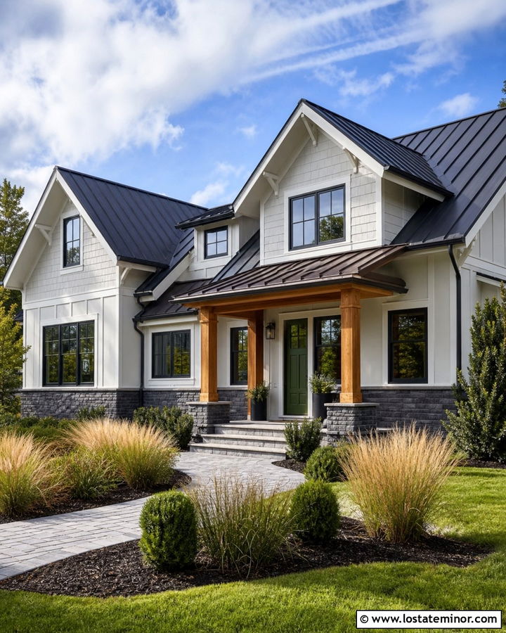 Off White House With Two Tone Metal Roof - 30 Off White House Design With Roof Ideas