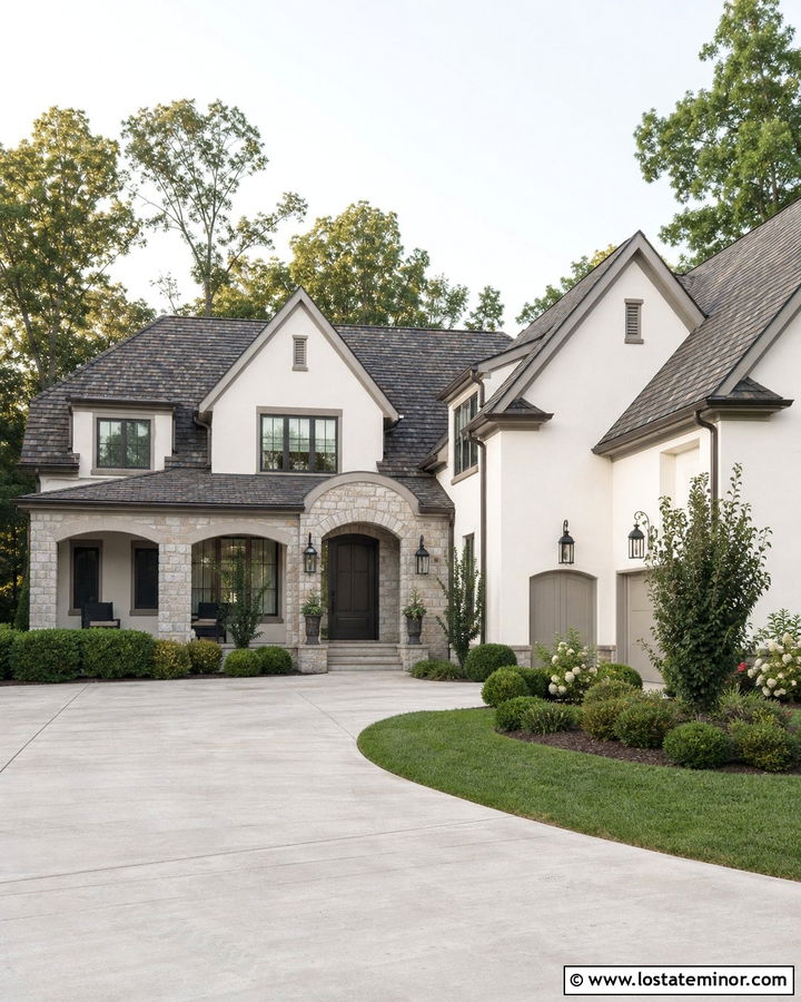 Off White House With Variegated Shingles And Stone - 30 Off White House Design With Shingles Ideas
