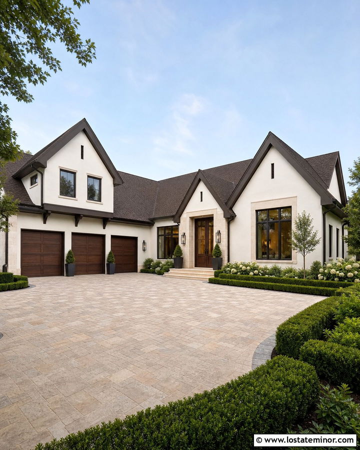Off White House With Walnut Garage Door - 30 Off White House Design With Garage Door Ideas
