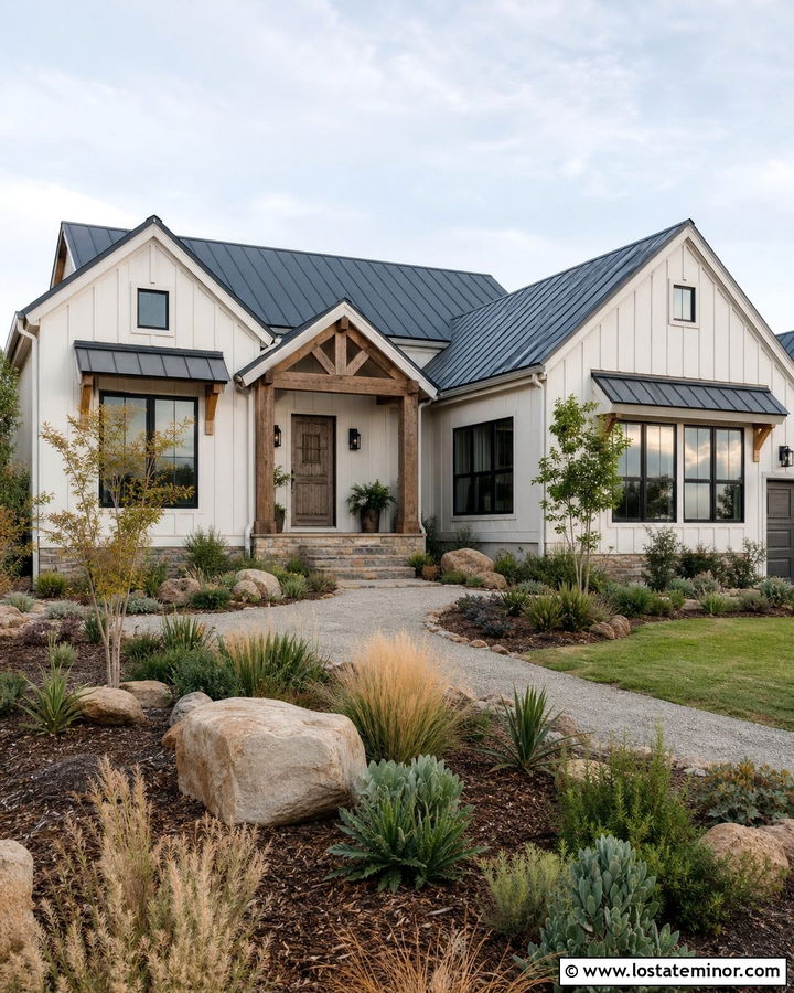 Off White House With Weathered Wood Entry Door - 30 Off White House Design With Entry Door Ideas