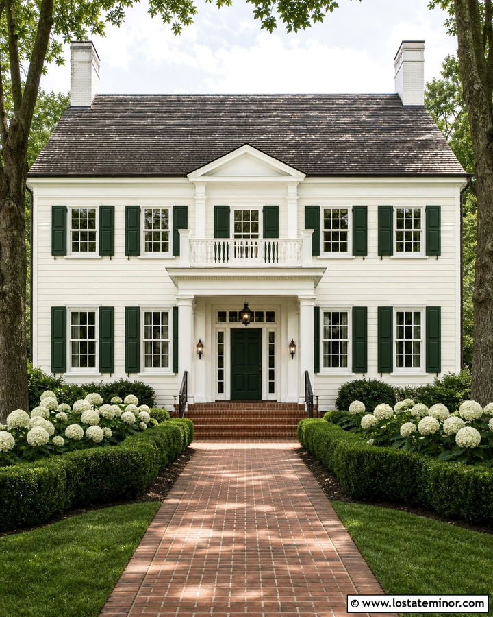 Off White House With White Frames And Green Shutters - 30 Off White House Design With Window Frames Ideas