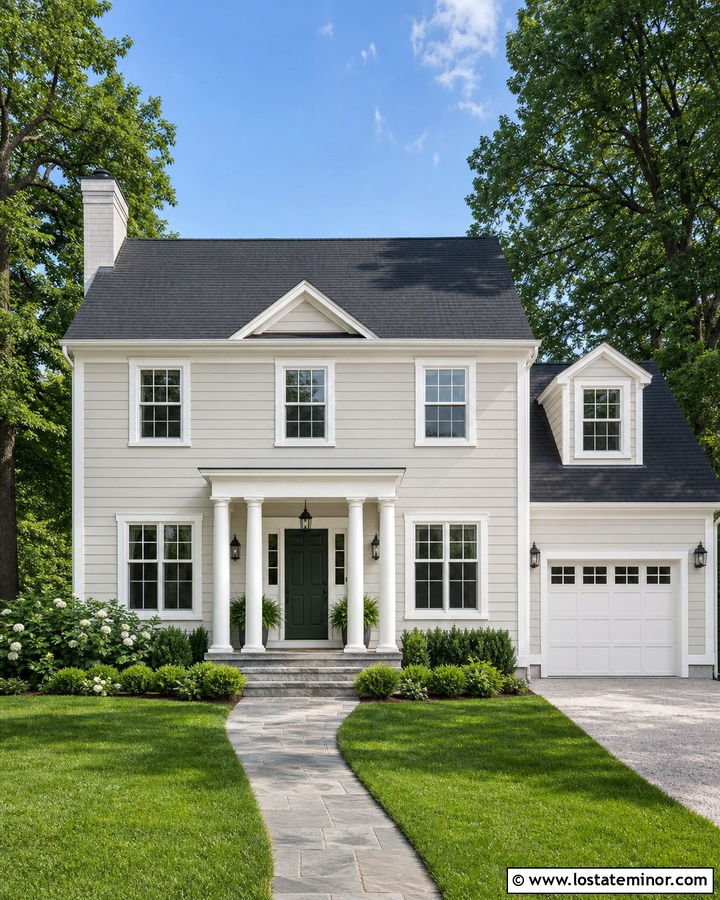 Off White House With White Garage Door And Dark Roof - 30 Off White House Design With Garage Door Ideas