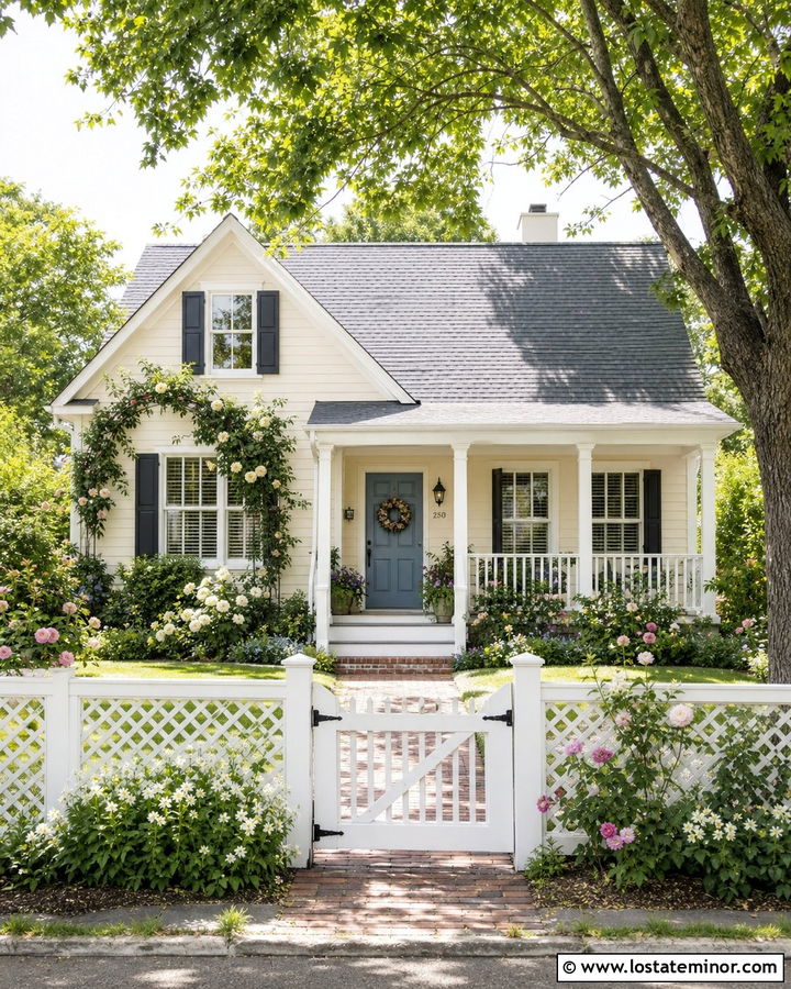 Off White House With White Lattice Fence - 30 Off White House Design With Fence Ideas