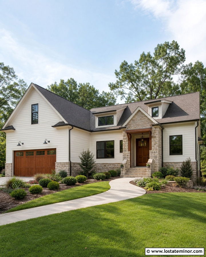 Off White House With Wood Accents And Stone - 30 Off White House Design With Stone Accents Ideas