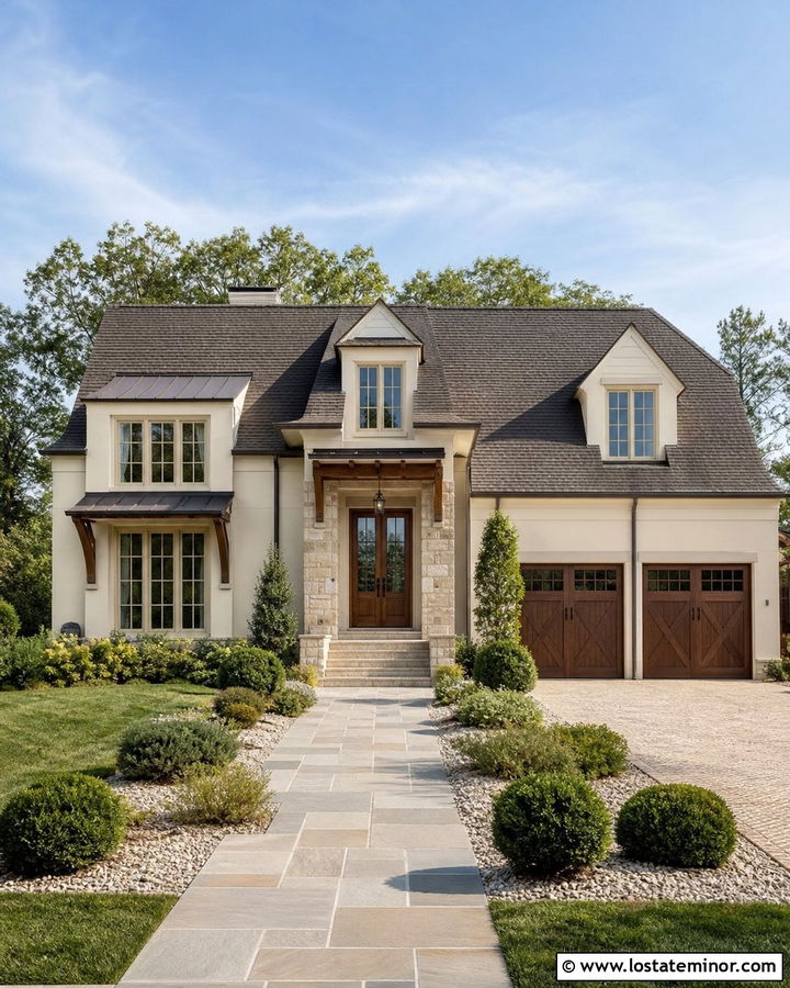 Off White House With Wood Door And Dormers - 30 Off White House Design With Dormers Ideas