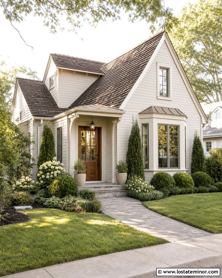 Off White House With Wood Door And Layered Shrubs - 30 Off White House Design With Front Yard Ideas