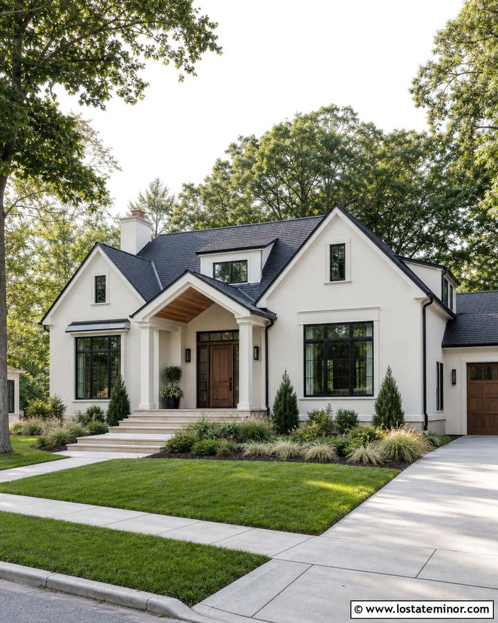 Off White House With Wood Door Portico - 30 Off White House Design With Portico Ideas