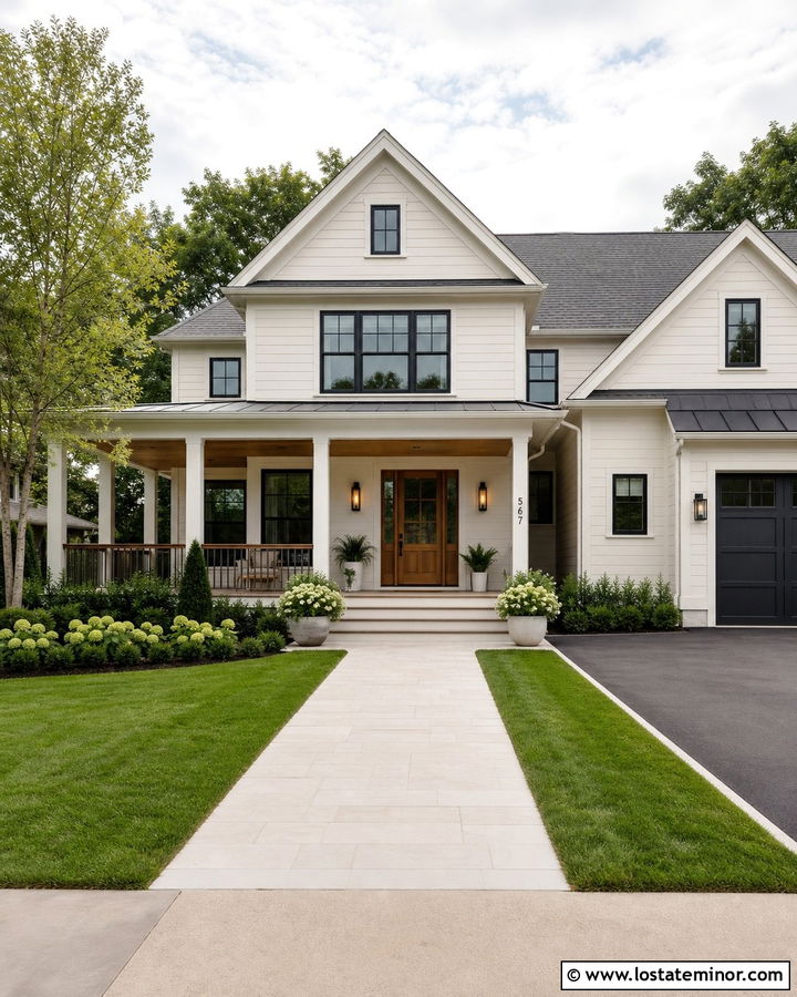 Off White House With Wood Front Door Porch - 30 Off White House Design With Front Porch Ideas