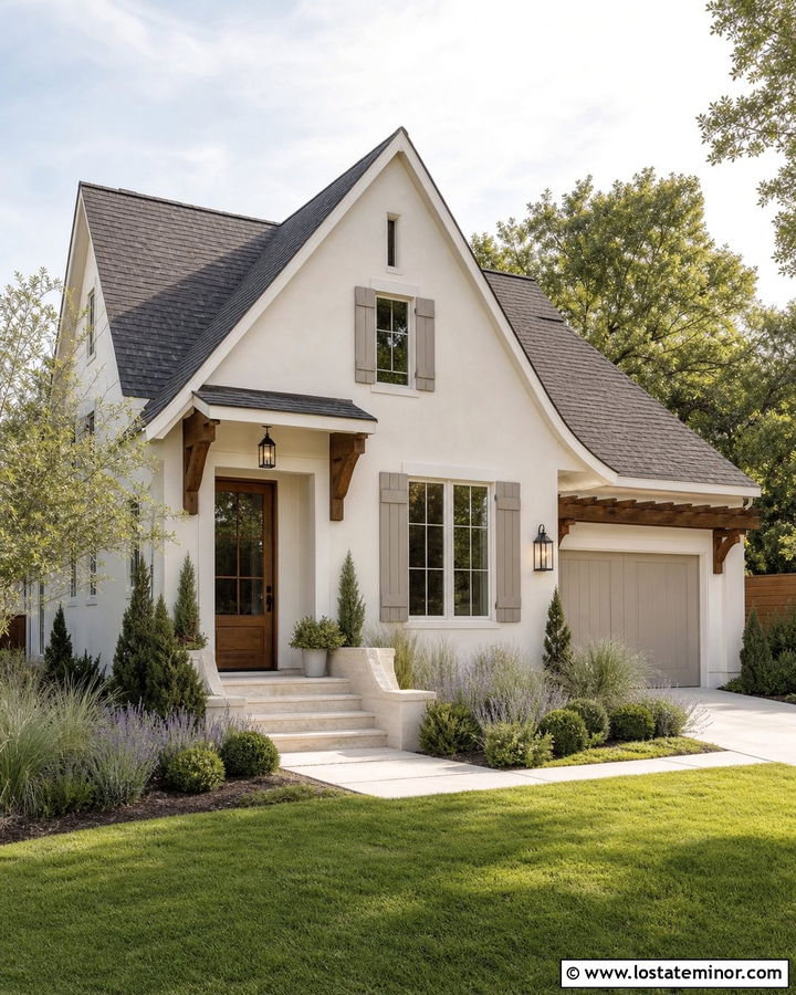 Off White House With Wood Front Door - 30 Off White House Design With Accents Ideas