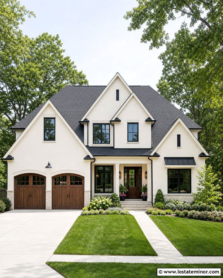 Off White House With Wood Garage And Charcoal Shingles - 30 Off White House Design With Shingles Ideas